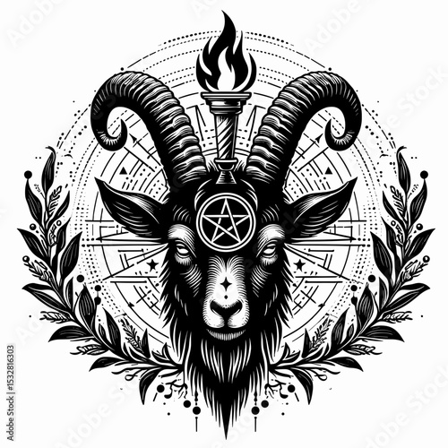 Symbolic goat head with pentagram and torch, intricate occult art, black and white illustration