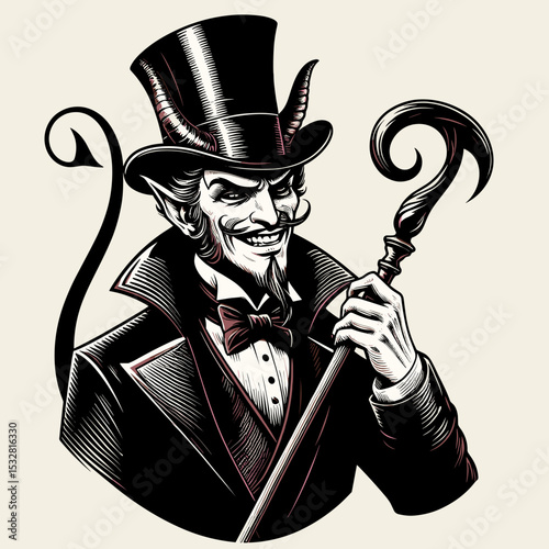 Charming devil figure in a top hat with a cane, elegant sinister character art, black and white illustration