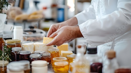 Artisan cheese making process in creamery with cheesemaker holding cheddar for quality control check