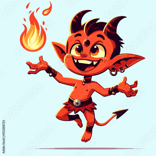 Playful little devil character juggling fire, joyful cartoonish illustration in vibrant colors