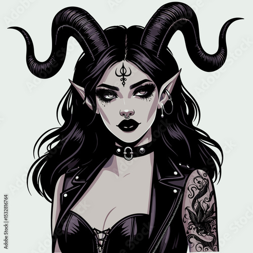Mystical woman with horns and tattoos, dark edgy aesthetic, gothic art, stylish character design