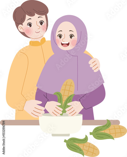 Harvesting Joy: An illustrated scene of togetherness and bounty. A couple joyfully prepares corn, symbolizing the warmth of home and the sweetness of shared moments.