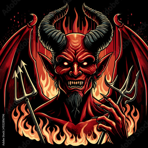 Fierce red devil with horns and pitchforks surrounded by flames, dark fantasy art illustration