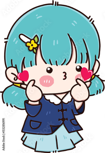 Cute Cartoon Girl with Heart Gesture: A charming cartoon girl makes a heart gesture. this art is made for love and cuteness.