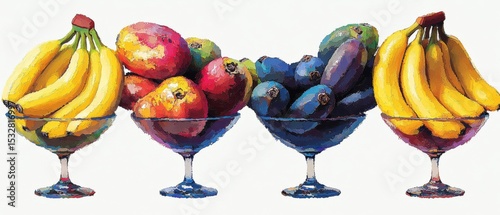 Vibrant Still Life Bananas, Mangoes, and Plums in Glass Bowls