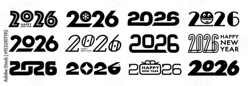 2026 new year logotype set vector black color. Design element for greeting card, invitation, calendar