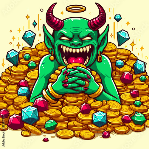 Greedy green demon character surrounded by piles of gold coins and colorful gemstones
