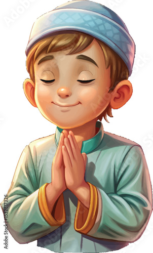 Prayer of Reflection: A serene young boy, dressed in traditional attire, closes his eyes in a moment of prayer, hands clasped in a gesture of profound respect and tranquility.