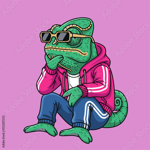 Cartoon Chameleon Wearing Sunglasses Skates in Urban Skatepark Scene