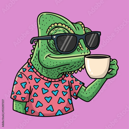 Cute chameleon wearing sunglasses and a heart patterned shirt enjoying a sunny day