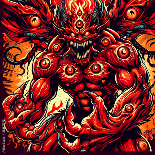 Fierce red monster with multiple eyes and fiery appearance showcasing strength and intensity