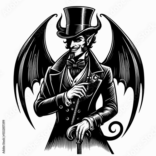 Sophisticated devilish gentleman with wings and a cane in a stylish monochrome design