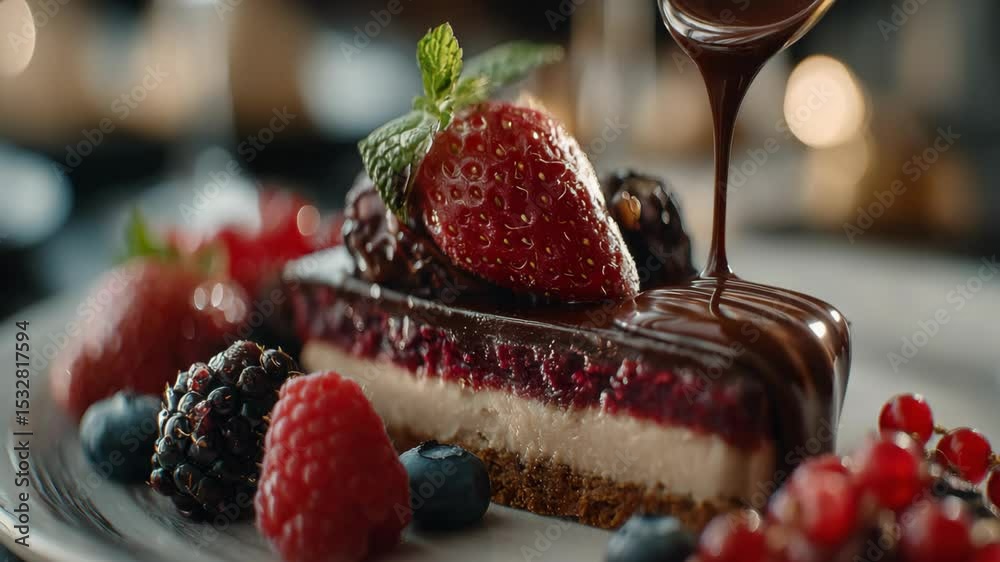 strawberry cheese cake with fresh strawberry and chocolate sauce dripping down 