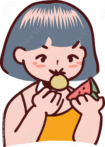 Summer Treats: A young girl joyfully indulges in refreshing summer treats, enjoying a delicious combination of a sweet lollipop and juicy watermelon slice.