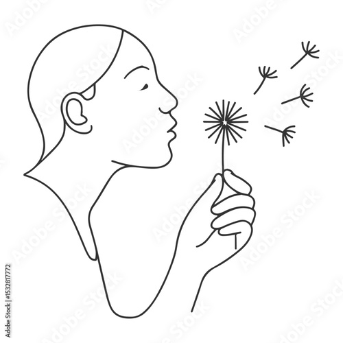 Black silhouette of a woman's head in profile blowing a dandelion, with her hair and lips visible, as a symbol of beauty and love