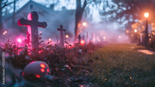 Eerie graveyard scene with glowing lights and fog perfect for spooky season halloween decoration theme