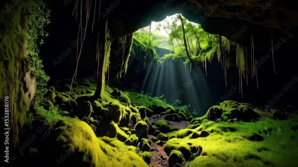 Sunlight streams into lush moss covered cave with verdant foliage and hanging vines creating a natural tranquil and magical atmosphere.