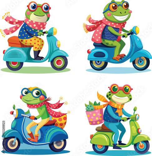 cute frogs riding scooters illustration