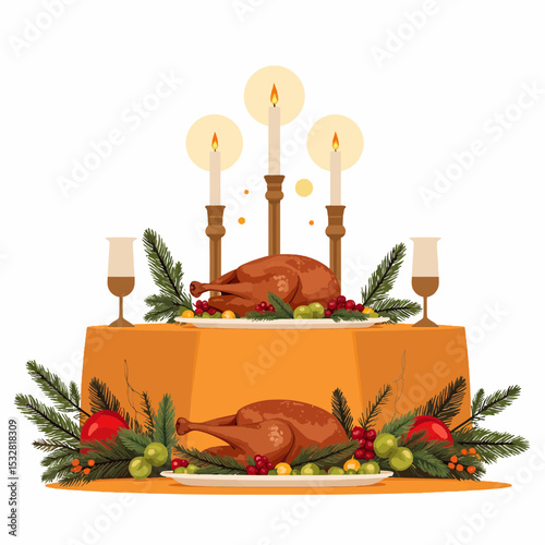 Traditional festive table with roasted turkey and candles  