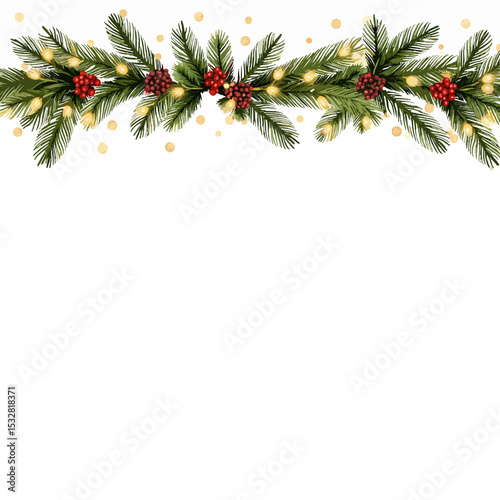 Christmas garland with pine leaves and berries on white background  