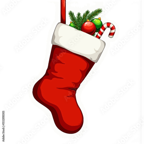 Red Christmas stocking filled with candy and decorative plants  