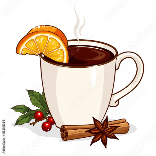 Warm beverage in a mug with orange slice and cinnamon stick  