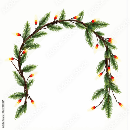 Festive wreath of pine branches with colorful lights in a circular design  