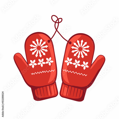 Red mittens with floral pattern and winter design on white background  