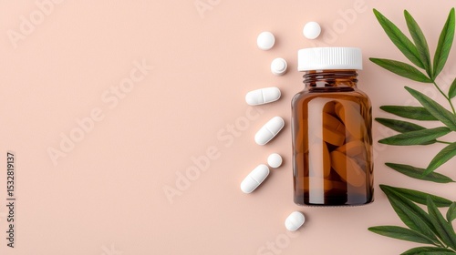 Brown Glass Bottle with White Lid and Scattered White Pills on Light Pink Background with Green Cannabis Leaves