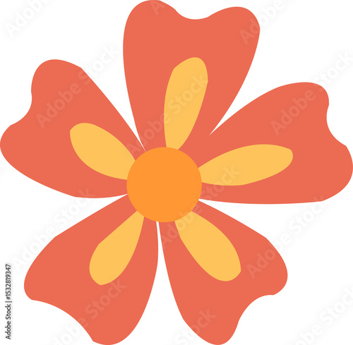 Flat design flower is showing orange-red and yellow petals, orange center on transparent background