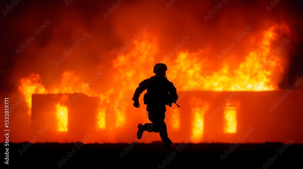 Fototapeta premium Silhouette of Soldier Running in Front of Burning Building in War Zone at Night