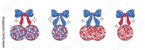 4th of July Cherry Disco Ball Cluster with Patriotic Ribbon, Festive Decoration for American Holiday Celebration, USA Independence Day Vector Illustration
