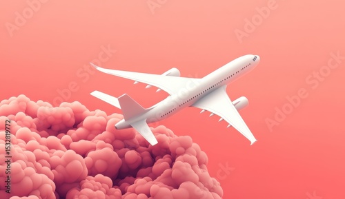 Top view of a white airplane flying through pink clouds during sunset