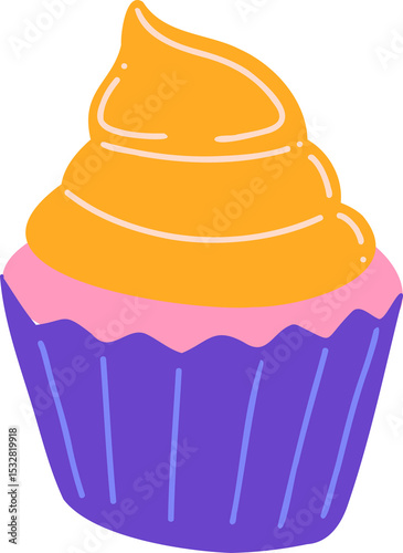 Vector cupcake is showing purple wrapper, pink frosting, yellow icing swirl on transparent backdrop
