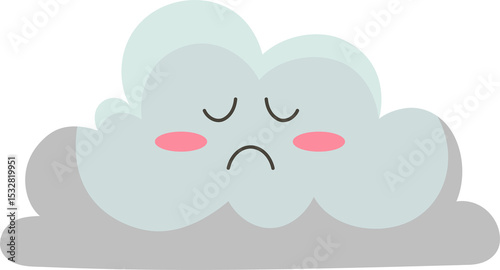 Sad-faced cartoon cloud is floating on transparent background, showing closed eyes and pink cheeks