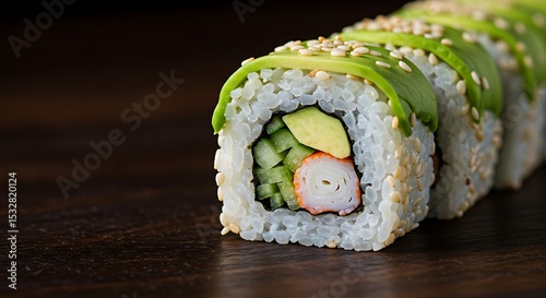 Sushi rolls cucumber imitation crab filling cross section california roll avocado sesame