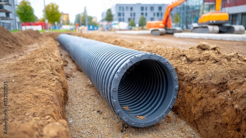 Construction Site Featuring Large Drainage Pipe Laid in Trench Surrounded by Gravel and Machinery