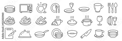 Dish plate, Food bowl and Cooking utensils icon set. Tableware line icons. Fork, spoon knife cutlery, rill pan, microwave oven and dish with salad fish, meat steak, chicken, food plate, glass tea cup.