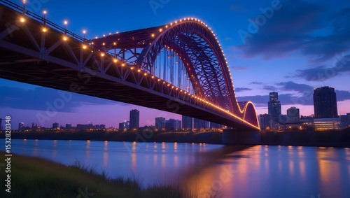 Lit Bridge Spanning River at Twilight with City Skyline in Background