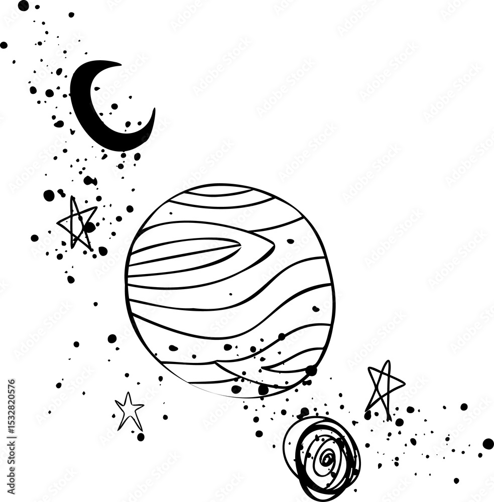 Fototapeta premium Monochrome line-art is showing banded planet, spiral orb, crescent, stars on transparent background