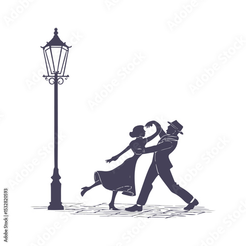 Silhouette of a couple dancing by a streetlamp