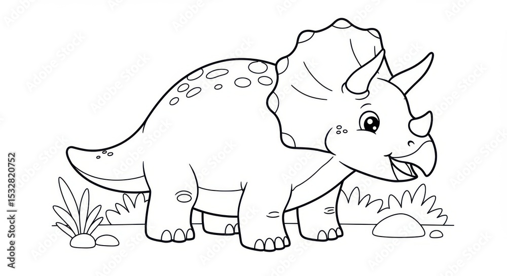 Obraz premium An illustration of a cartoonish Triceratops with three horns. It stands in tall grass and rocks
