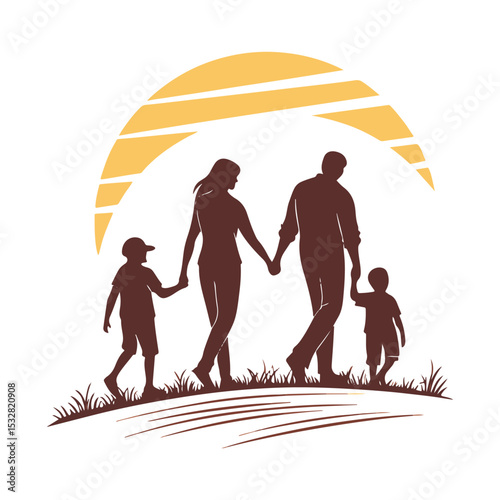 Family silhouette walking at sunset