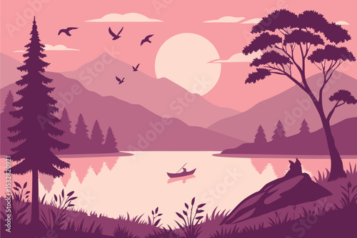 Serene Purple Sunset Landscape: Pixel Art Mountain Lake Scene with Birds, Trees, and Boat