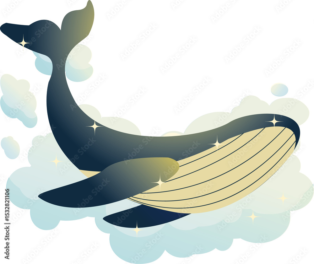 Obraz premium Stylized gradient whale is floating in puffy clouds, star sparkles, pale underbelly, transparent bg