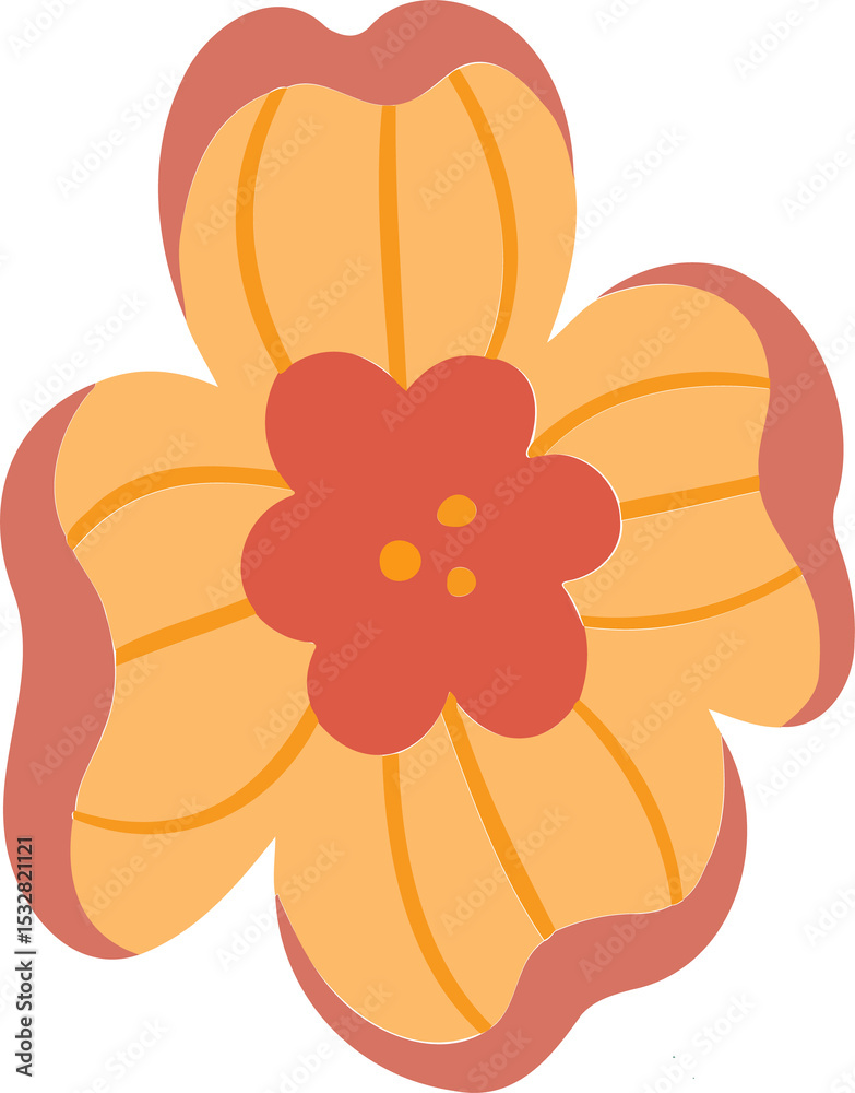 Naklejka premium Orange five-petaled flower is floating in flat design with coral outline, transparent background