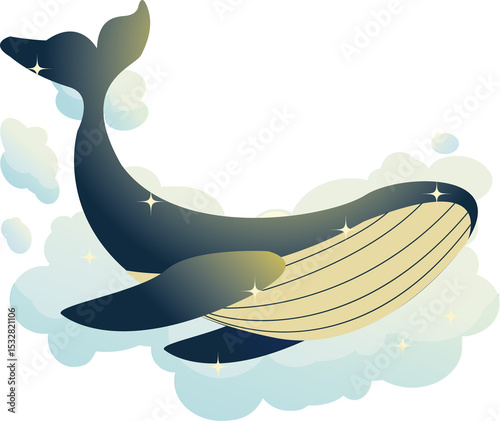 Stylized gradient whale is floating in puffy clouds, star sparkles, pale underbelly, transparent bg