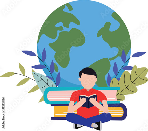 Reading and Learning: A person absorbed in a book sits surrounded by the world, symbolizing education and the joy of reading. It promotes intellectual curiosity and global awareness.