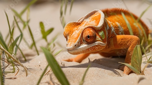 Orange Panther Chameleon Strolling Through Sandy Grass, Close-Up Wildlife Portrait