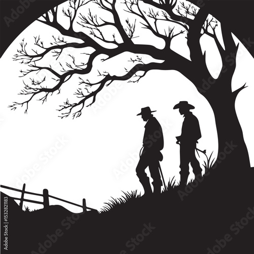 Two Cowboys Hiking Under a Majestic Tree Silhouette